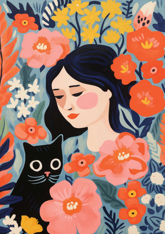 a painting of a woman and a cat surrounded by flowers