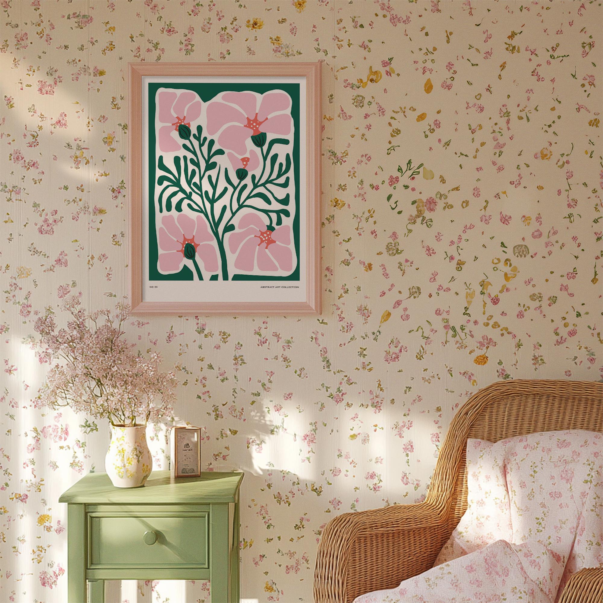 Pink & Green Abstract Floral Art Print-Skudaboo