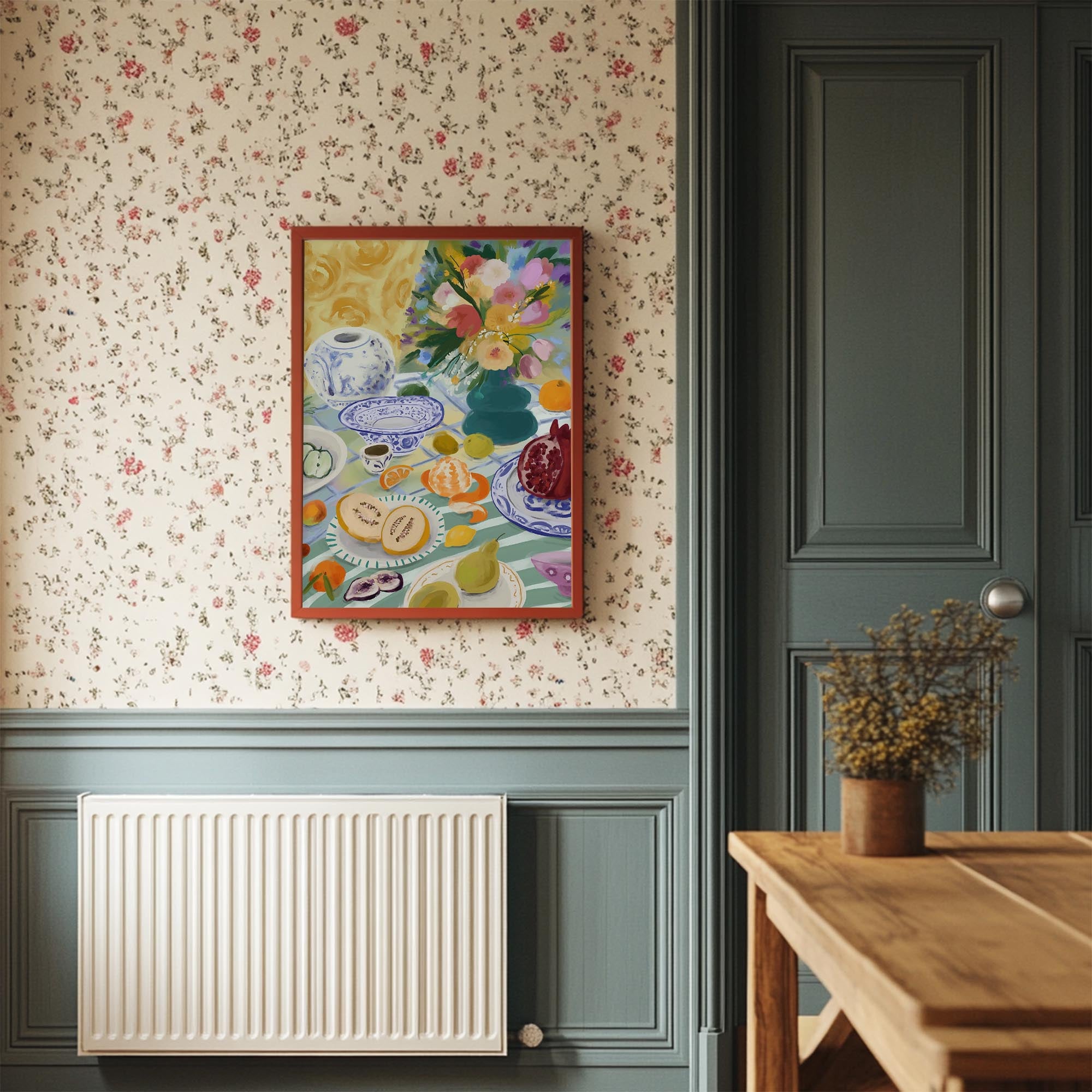 Colourful Still Life Fruit and Flowers Wall Art Print-Skudaboo