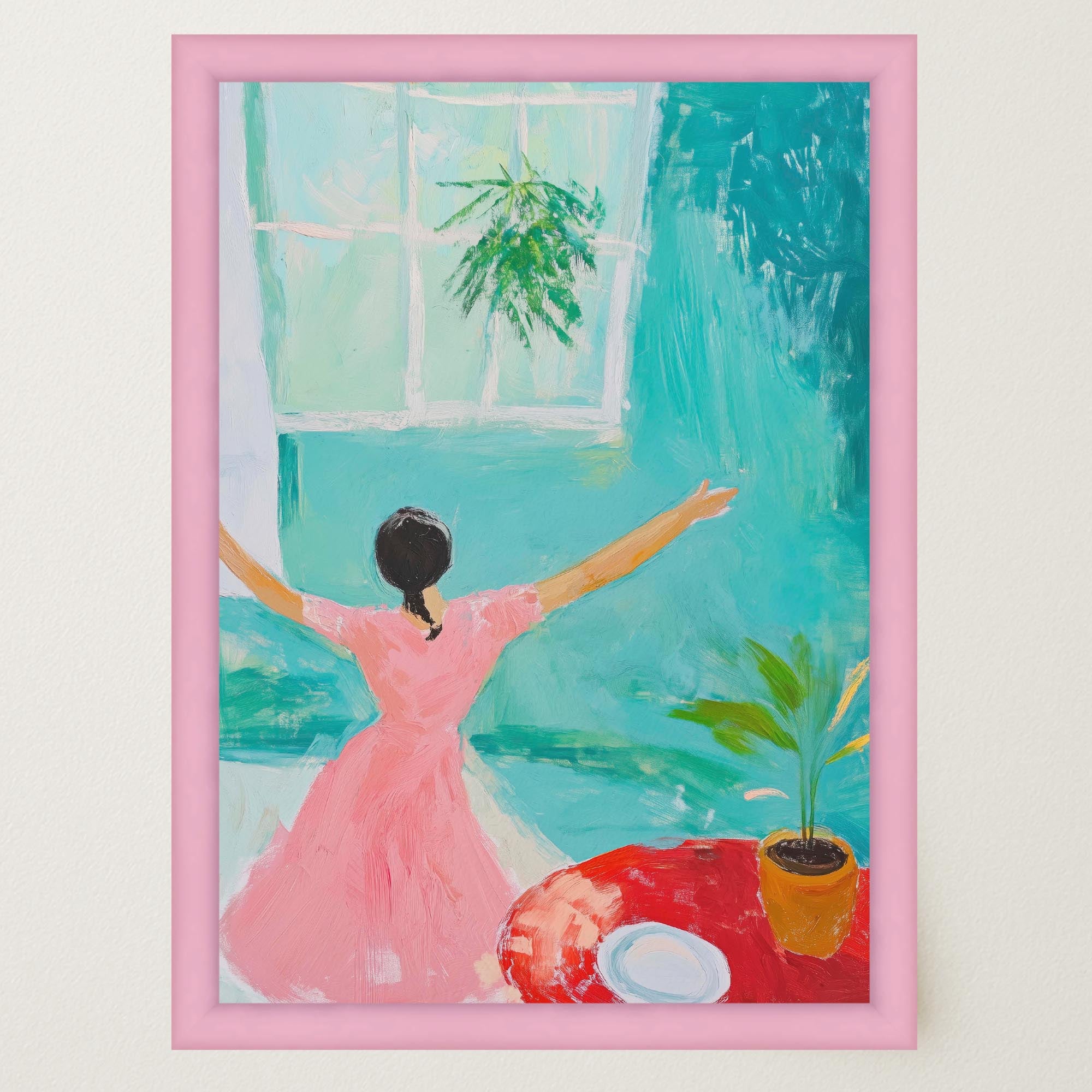 Woman Dancing in Pink Dress Wall Art Print-Skudaboo