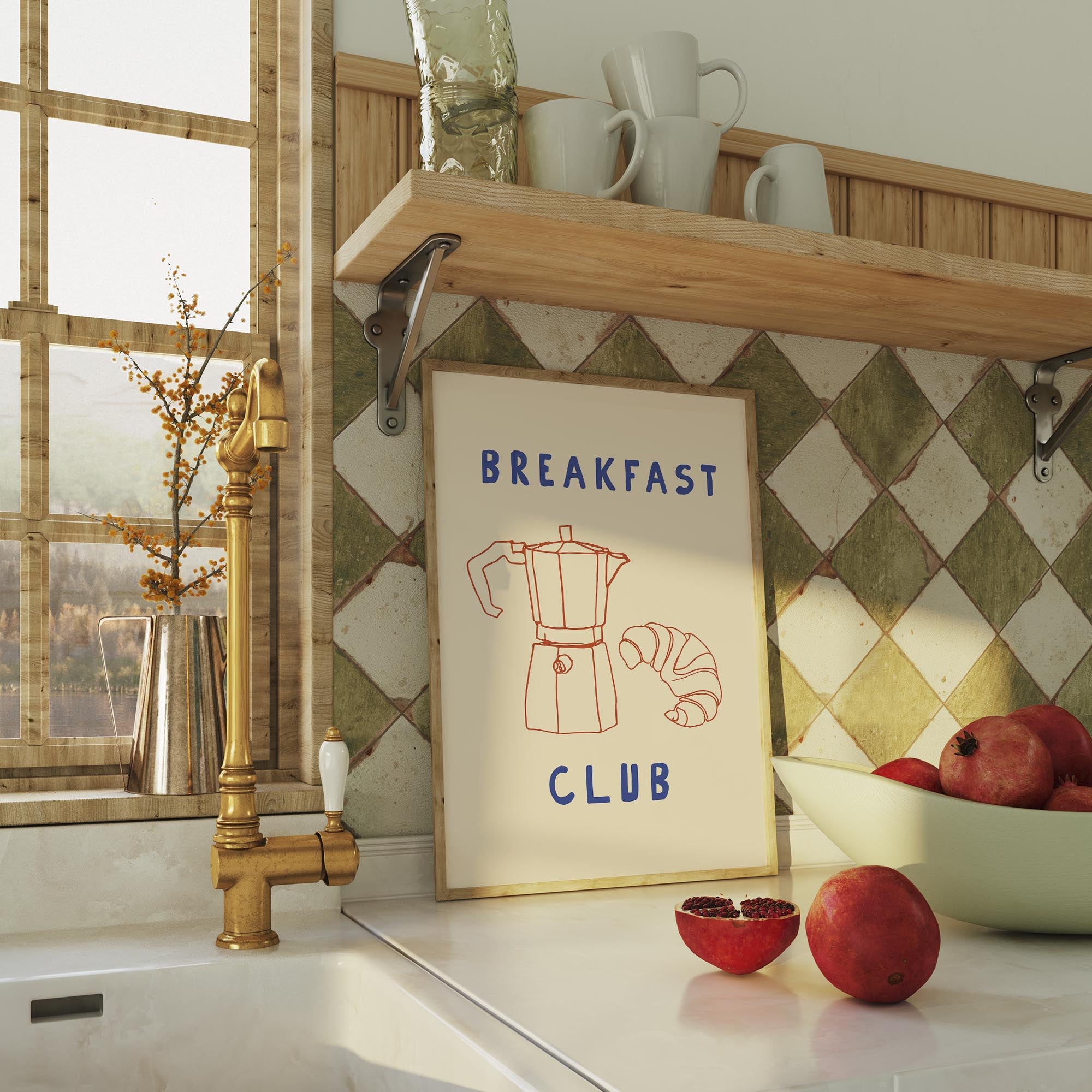 Breakfast Club Coffee and Croissant Minimal Kitchen Wall Art Print-Skudaboo