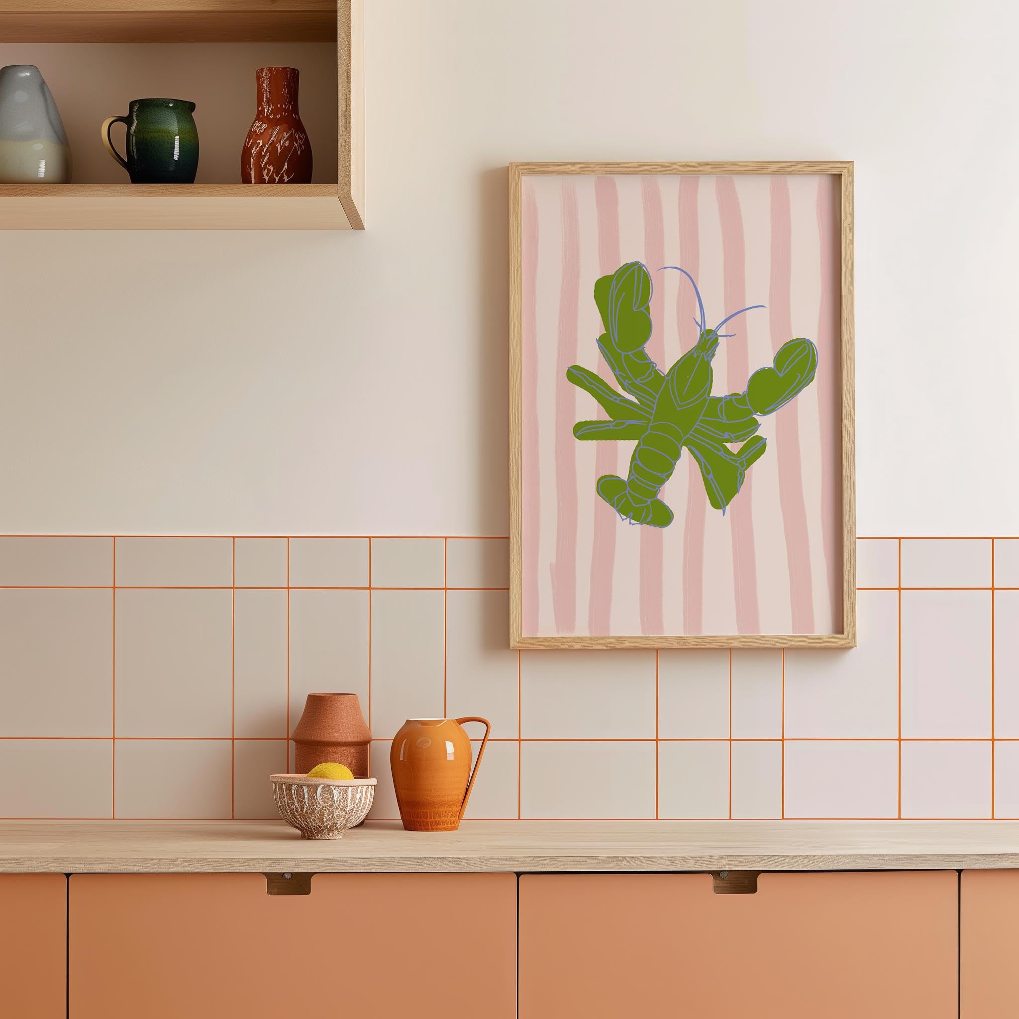 Pink & Green Stripe Lobster Stripe Wall Art Print-Skudaboo