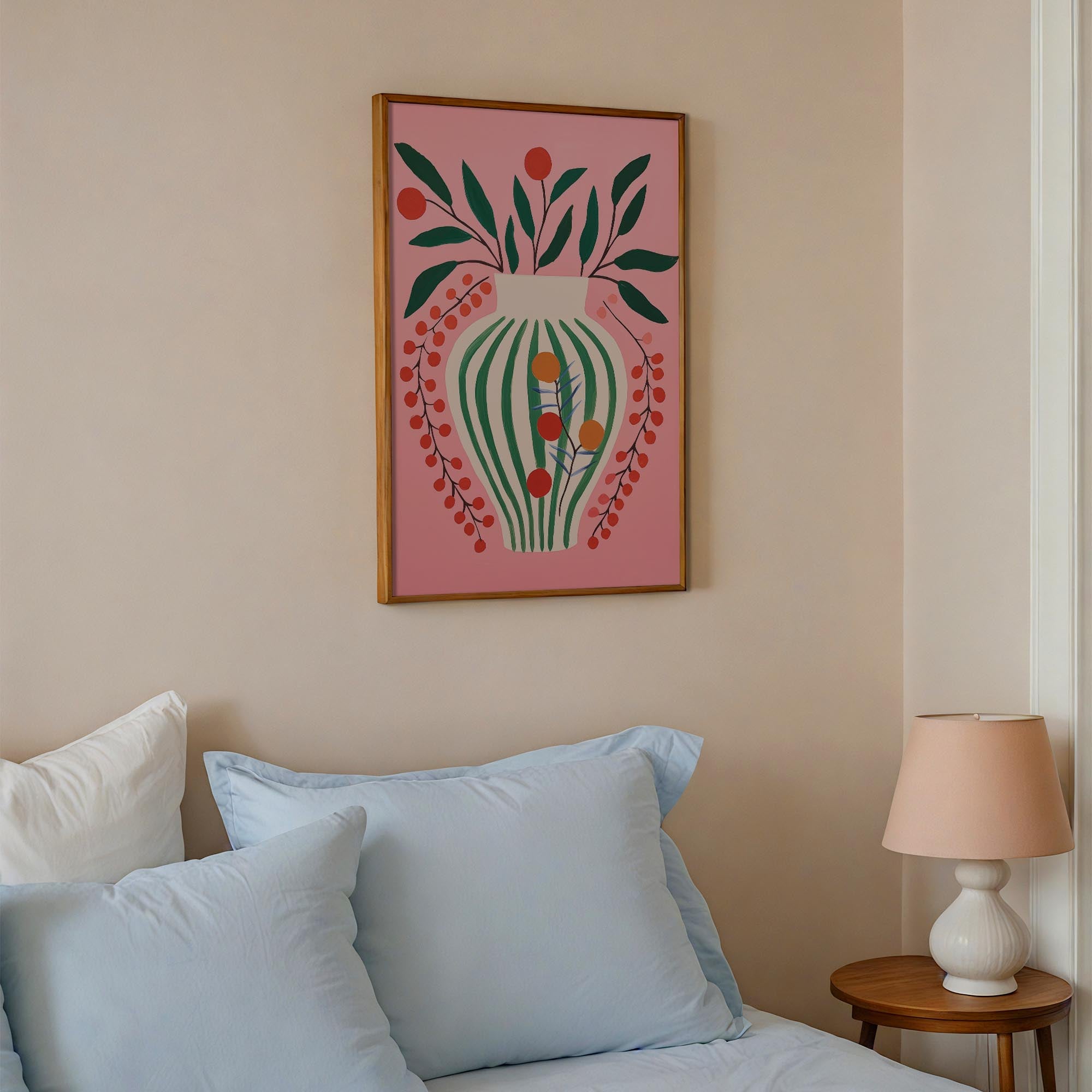 Pink & Green Floral Vase Botanical Illustration Wall Art Print-Skudaboo