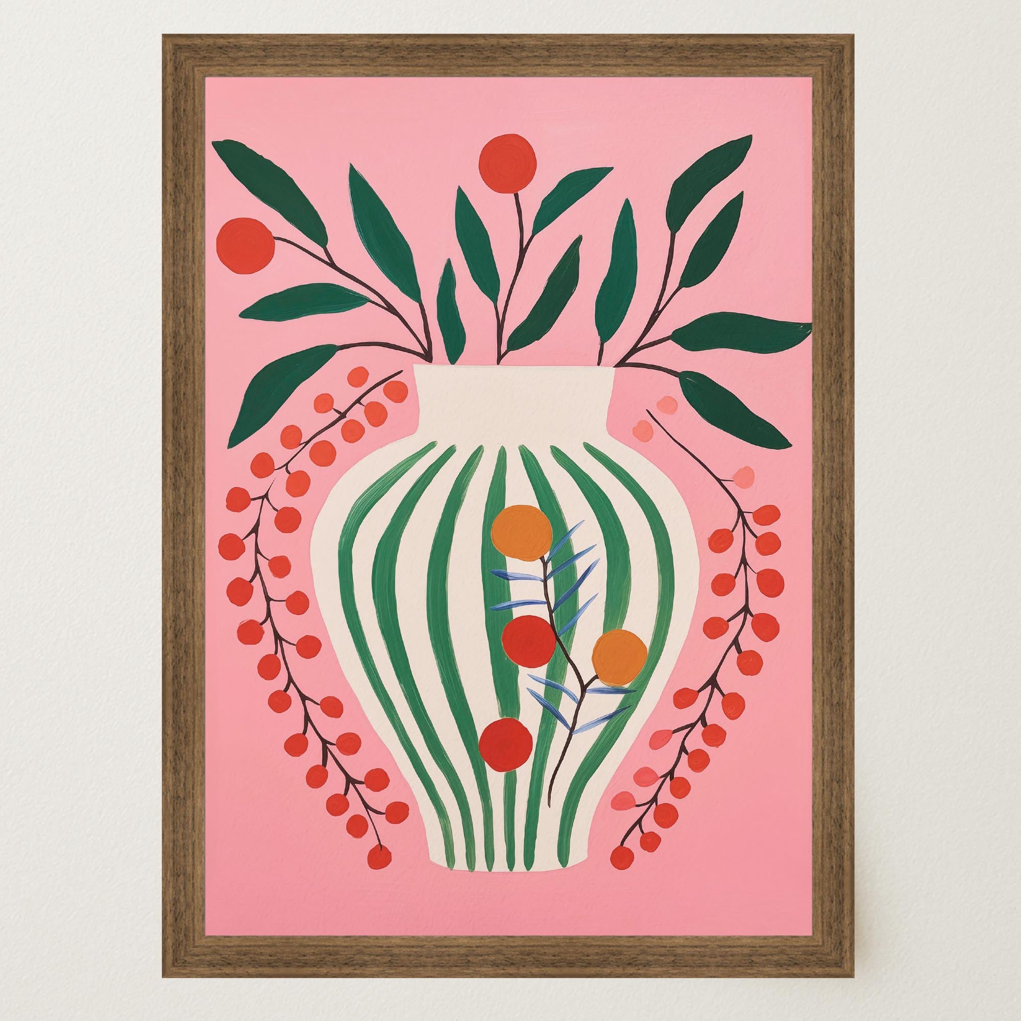 Pink & Green Floral Vase Botanical Illustration Wall Art Print-Skudaboo