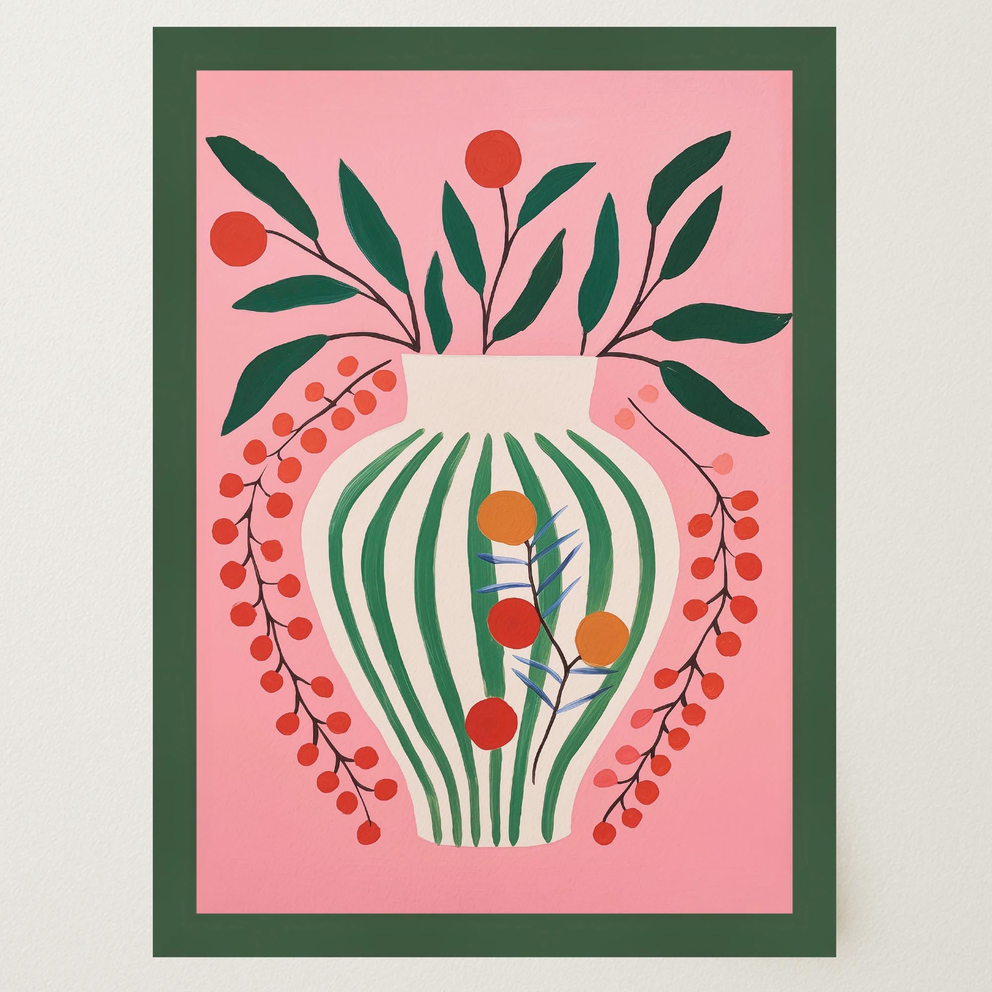 Pink & Green Floral Vase Botanical Illustration Wall Art Print-Skudaboo