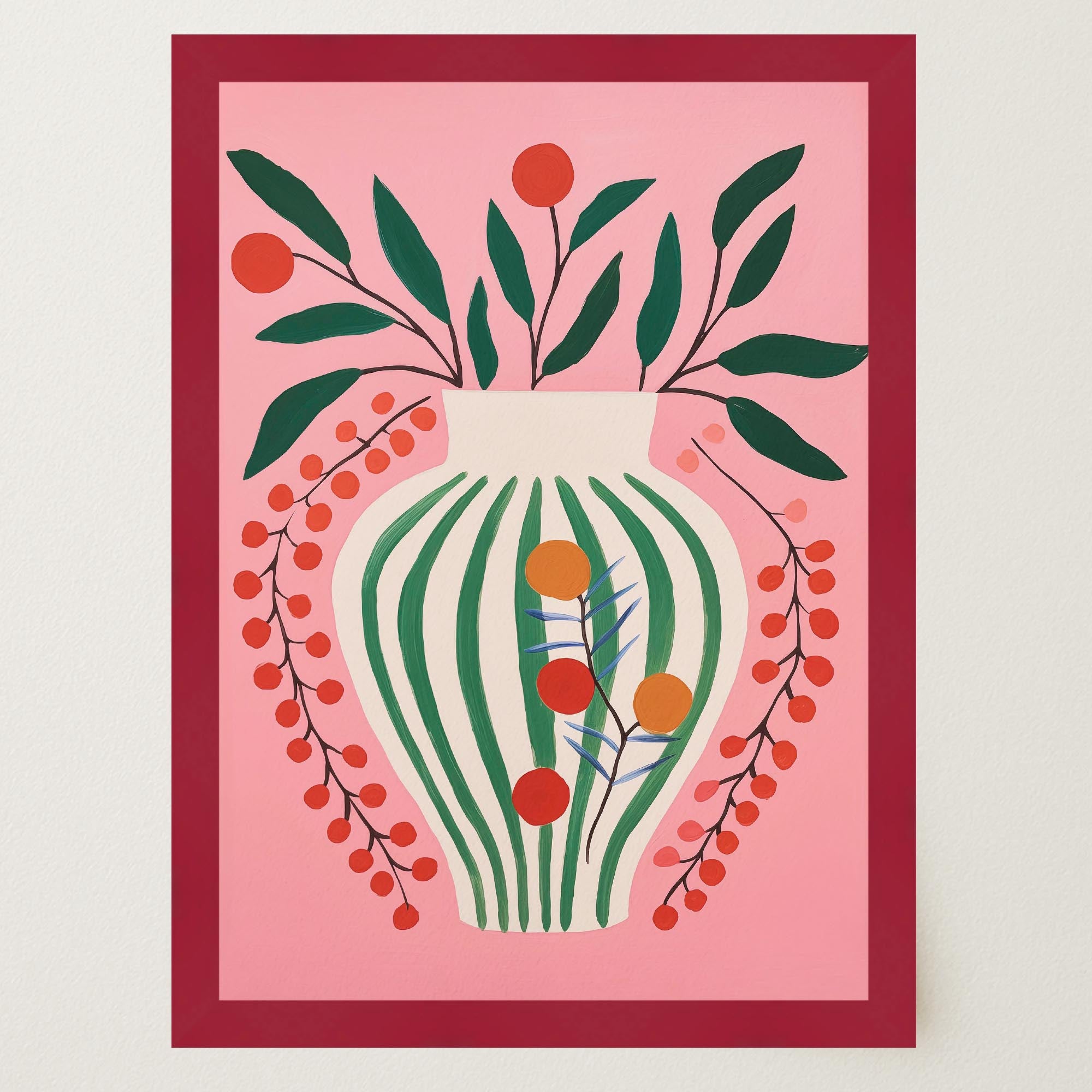 Pink & Green Floral Vase Botanical Illustration Wall Art Print-Skudaboo