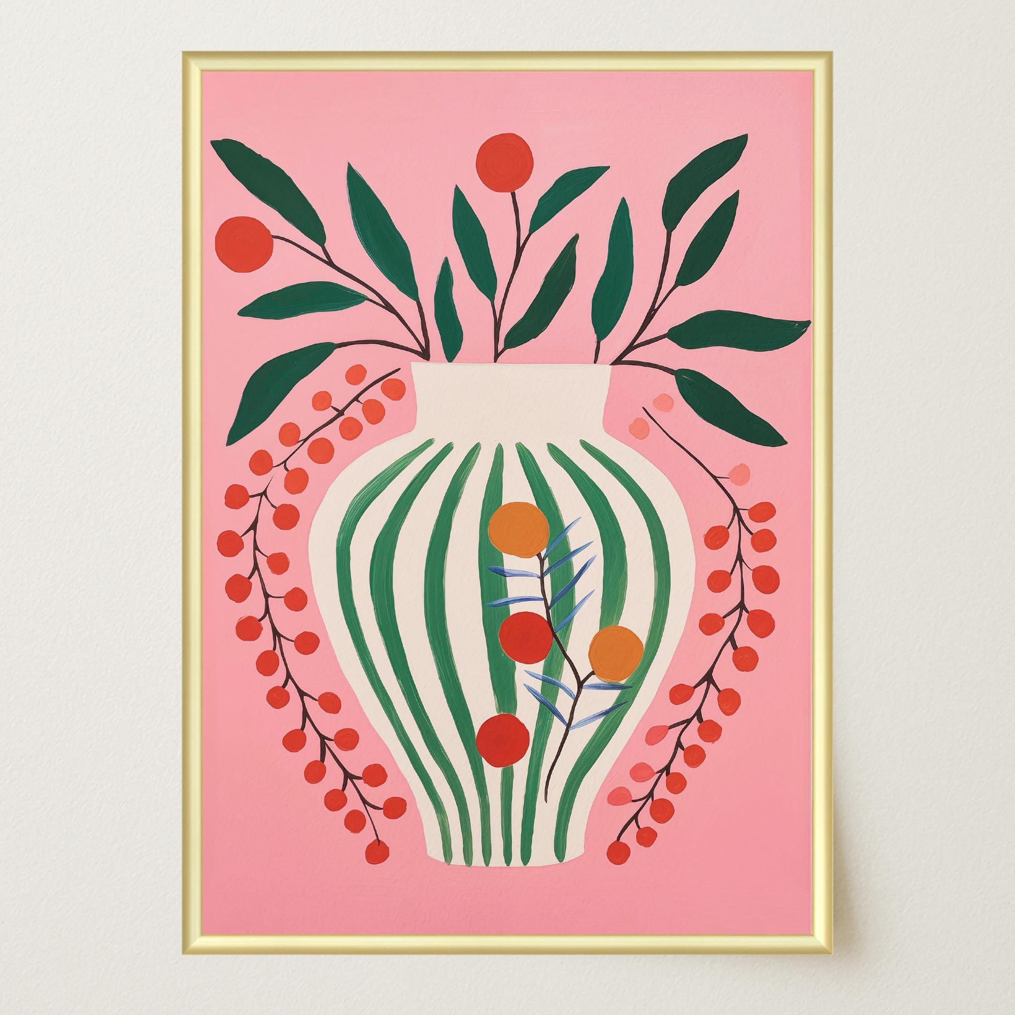 Pink & Green Floral Vase Botanical Illustration Wall Art Print-Skudaboo
