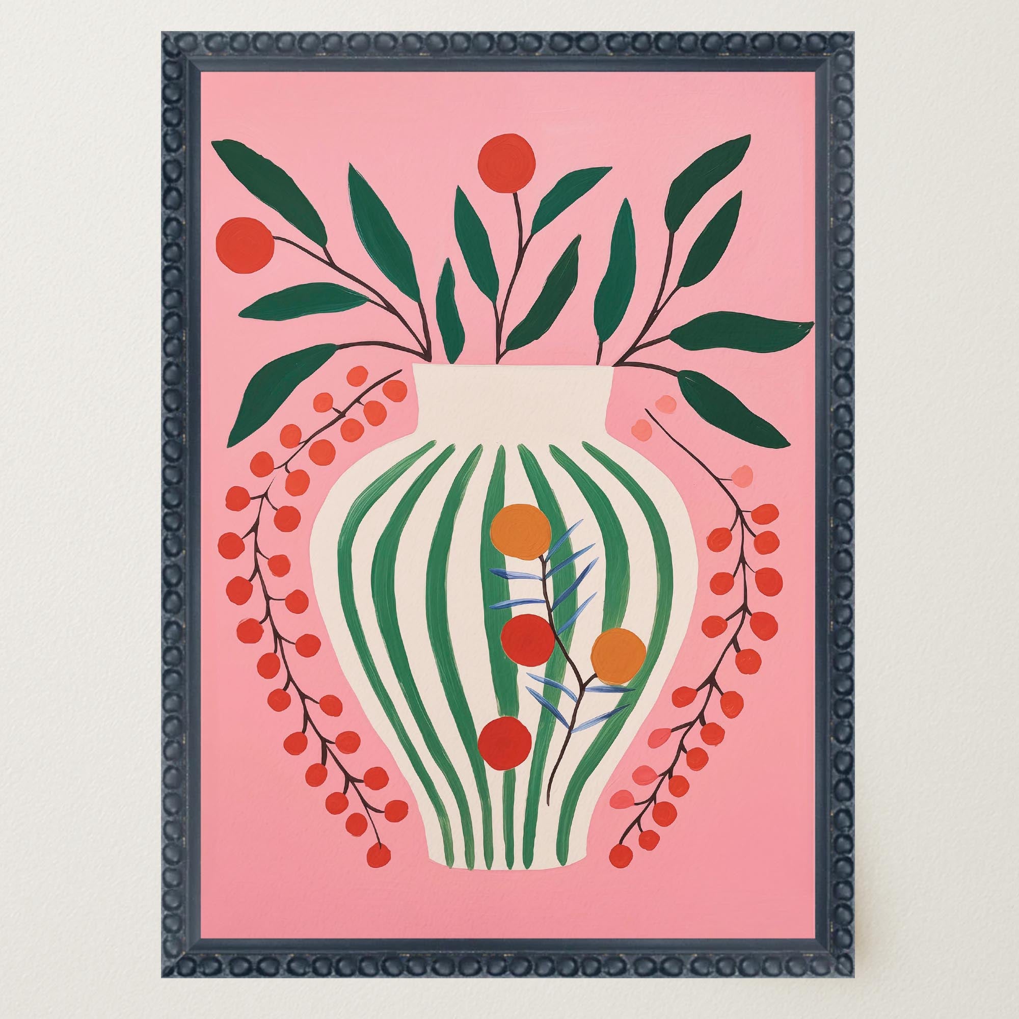 Pink & Green Floral Vase Botanical Illustration Wall Art Print-Skudaboo