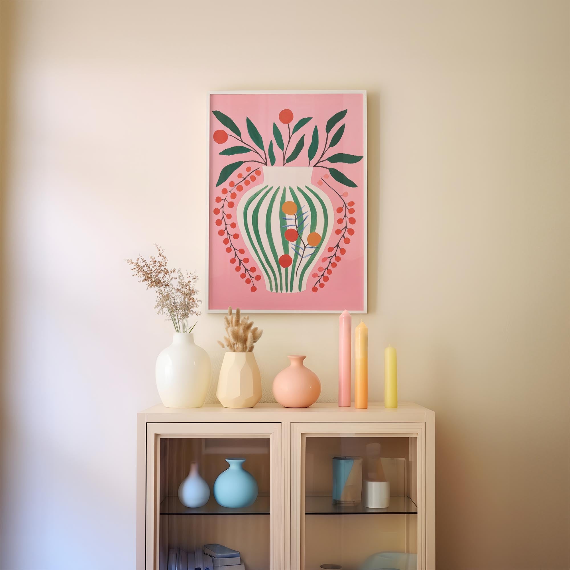 Pink & Green Floral Vase Botanical Illustration Wall Art Print-Skudaboo
