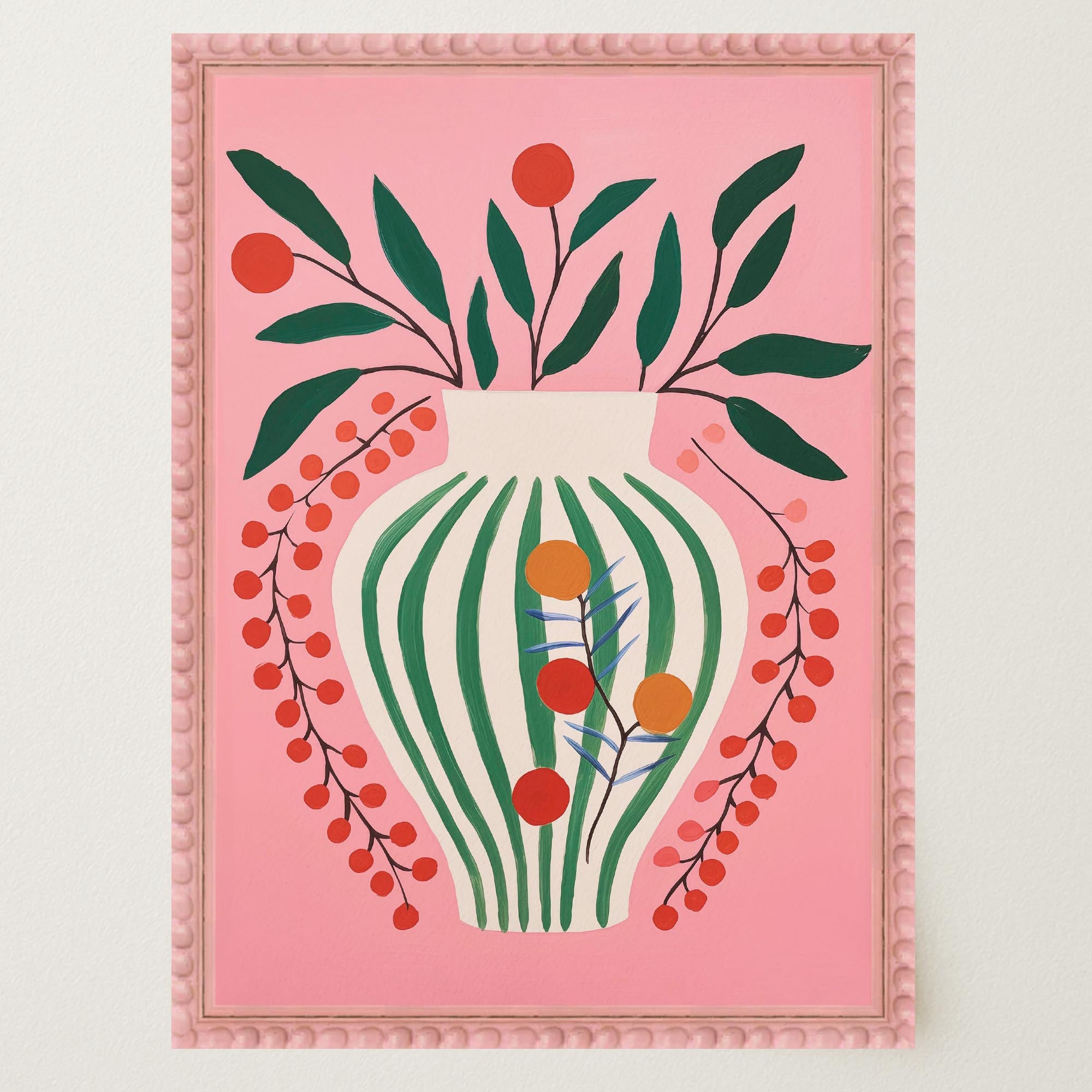 Pink & Green Floral Vase Botanical Illustration Wall Art Print-Skudaboo