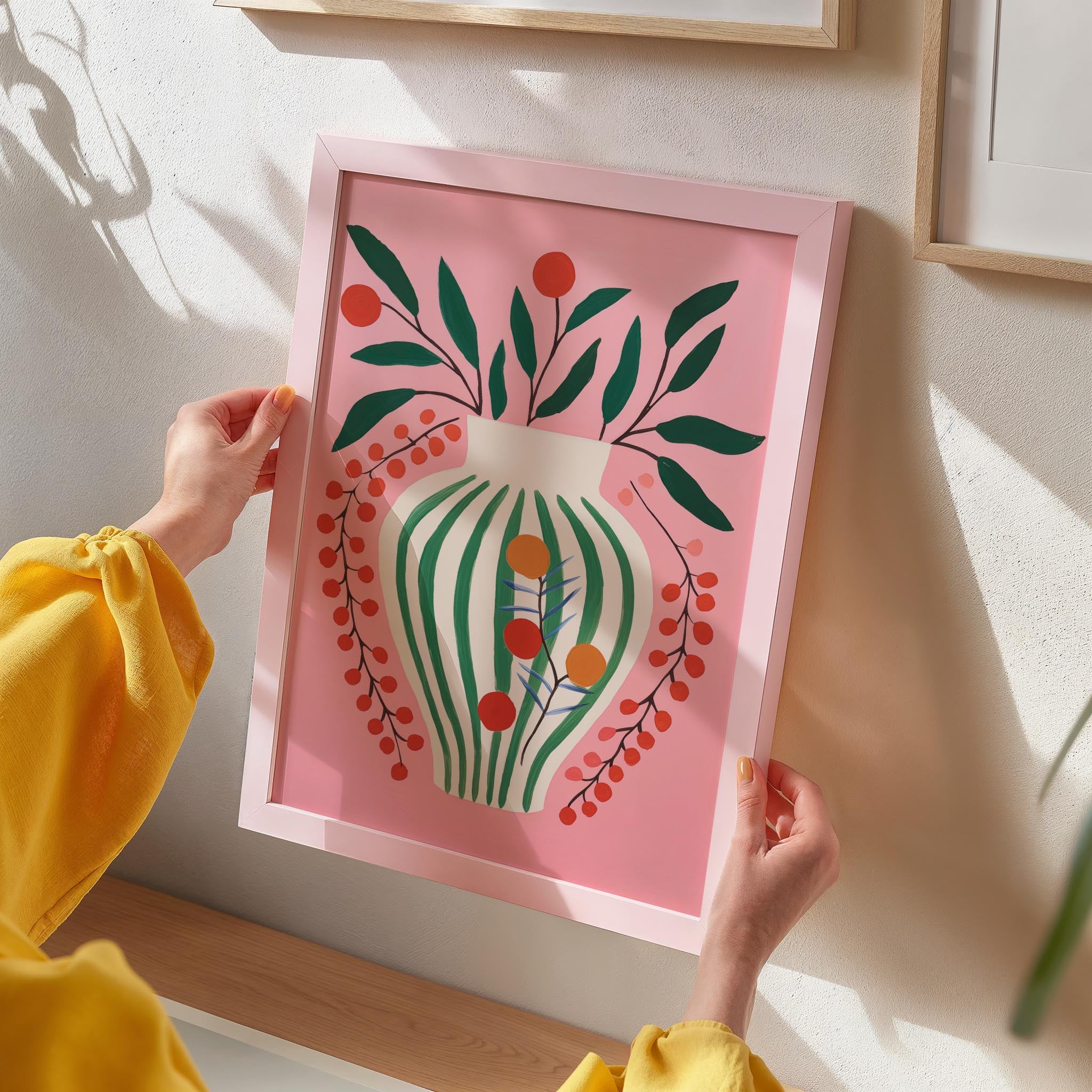 Pink & Green Floral Vase Botanical Illustration Wall Art Print-Skudaboo