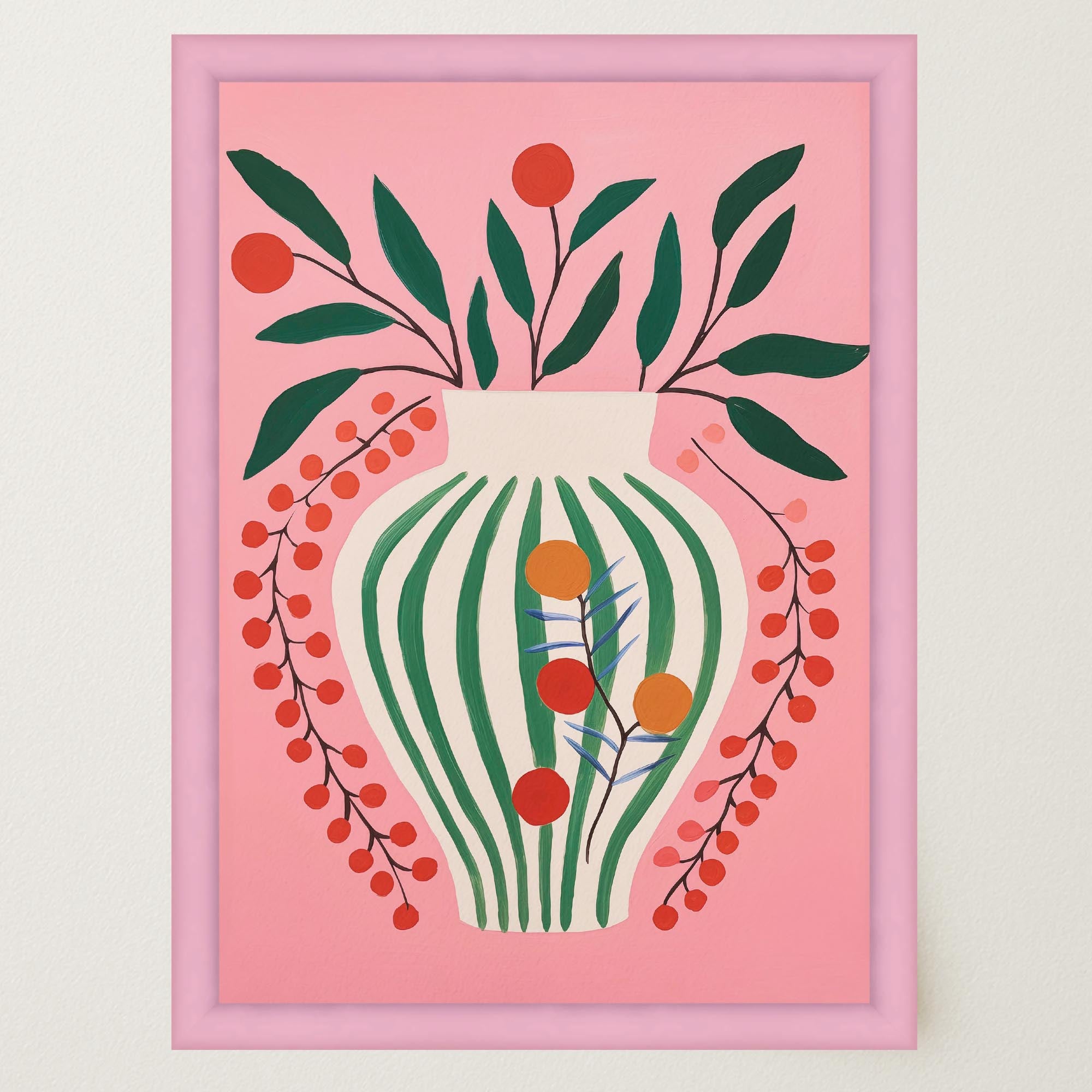 Pink & Green Floral Vase Botanical Illustration Wall Art Print-Skudaboo
