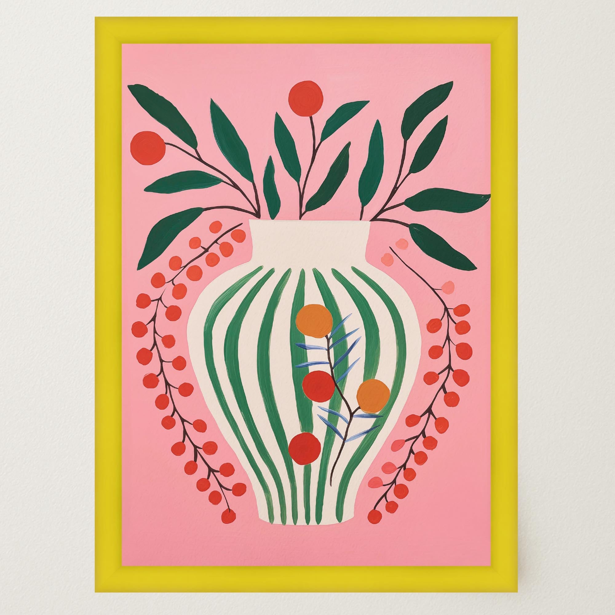 Pink & Green Floral Vase Botanical Illustration Wall Art Print-Skudaboo
