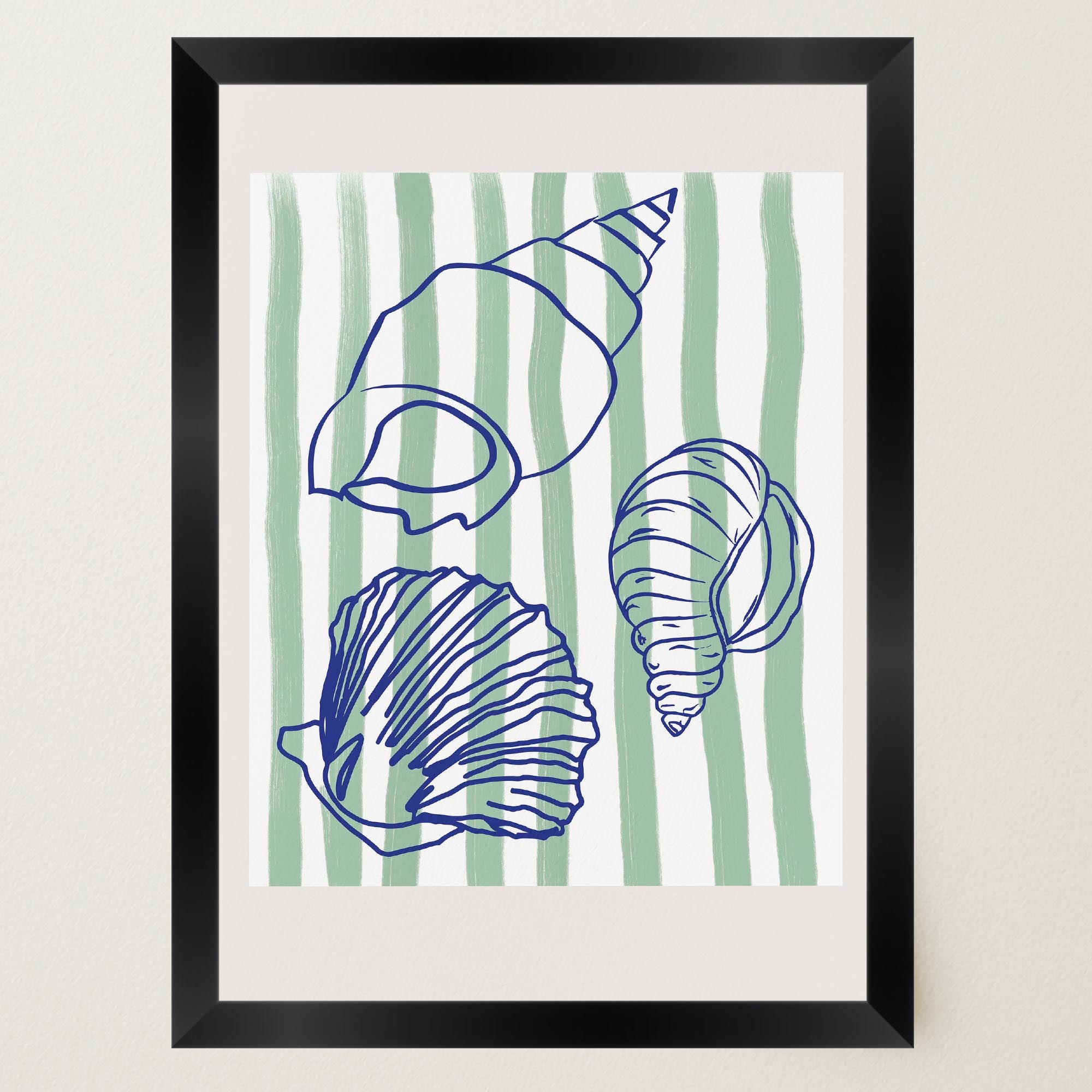 Blue Stripe Coastal Seashell Line Art Print-Skudaboo