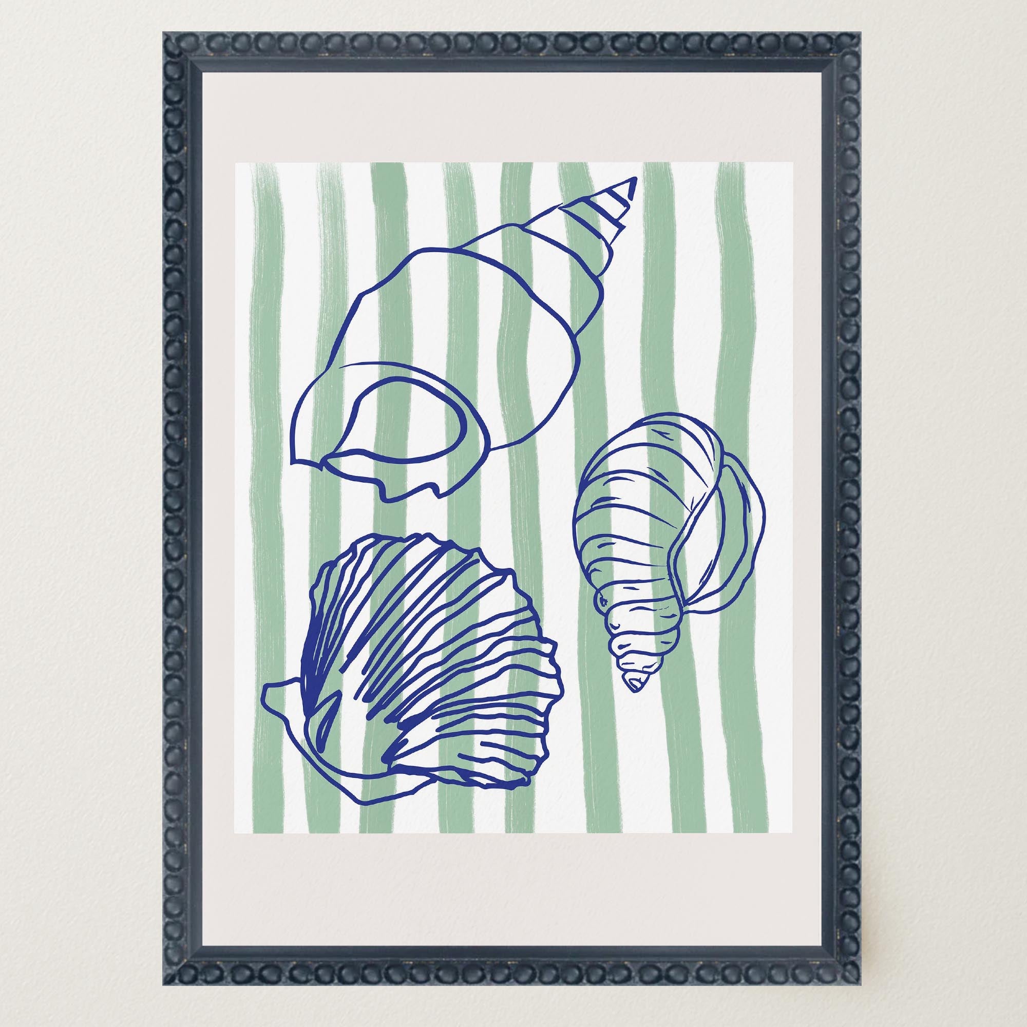 Blue Stripe Coastal Seashell Line Art Print-Skudaboo