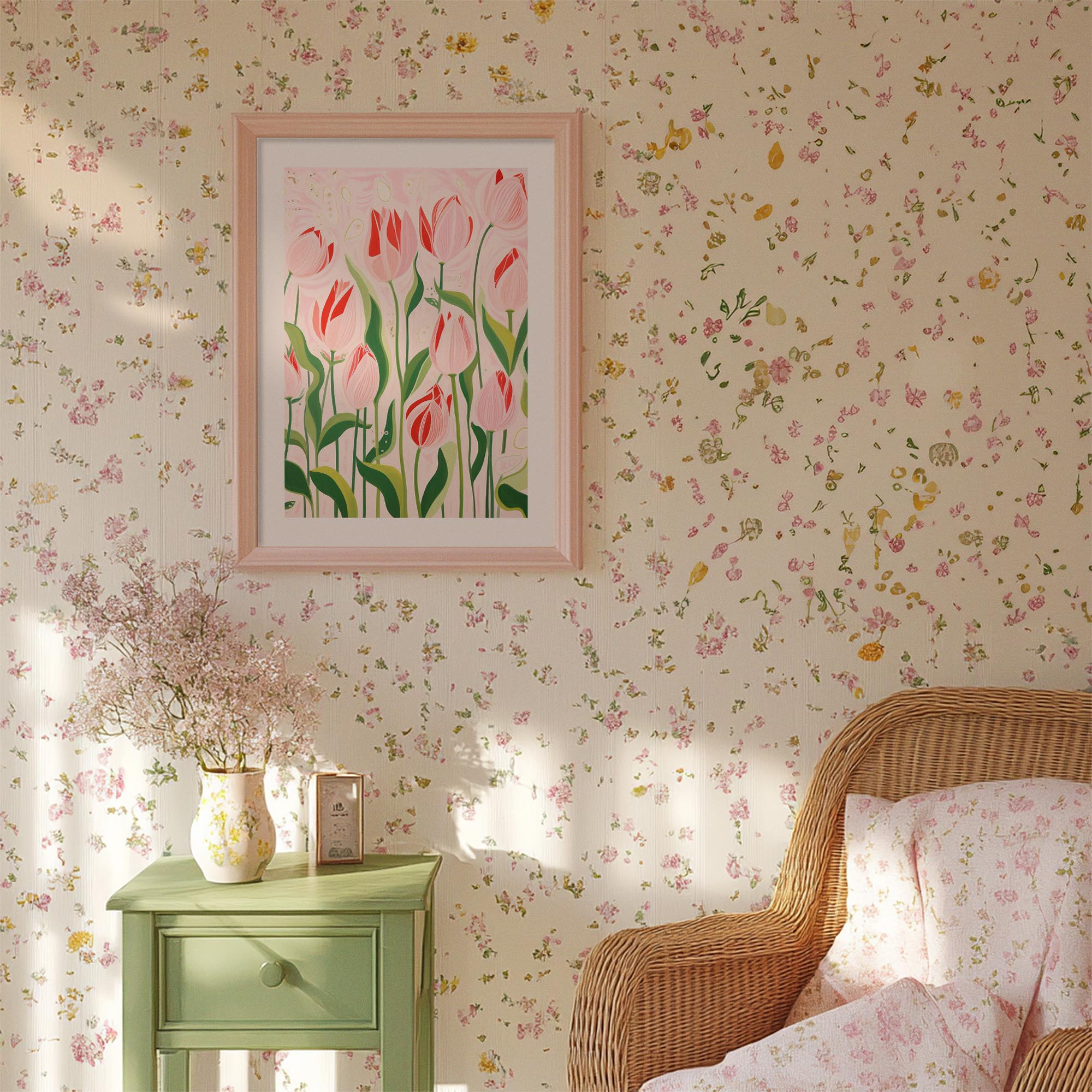 Pink Tulip Garden Botanical Wall Art Print-Skudaboo