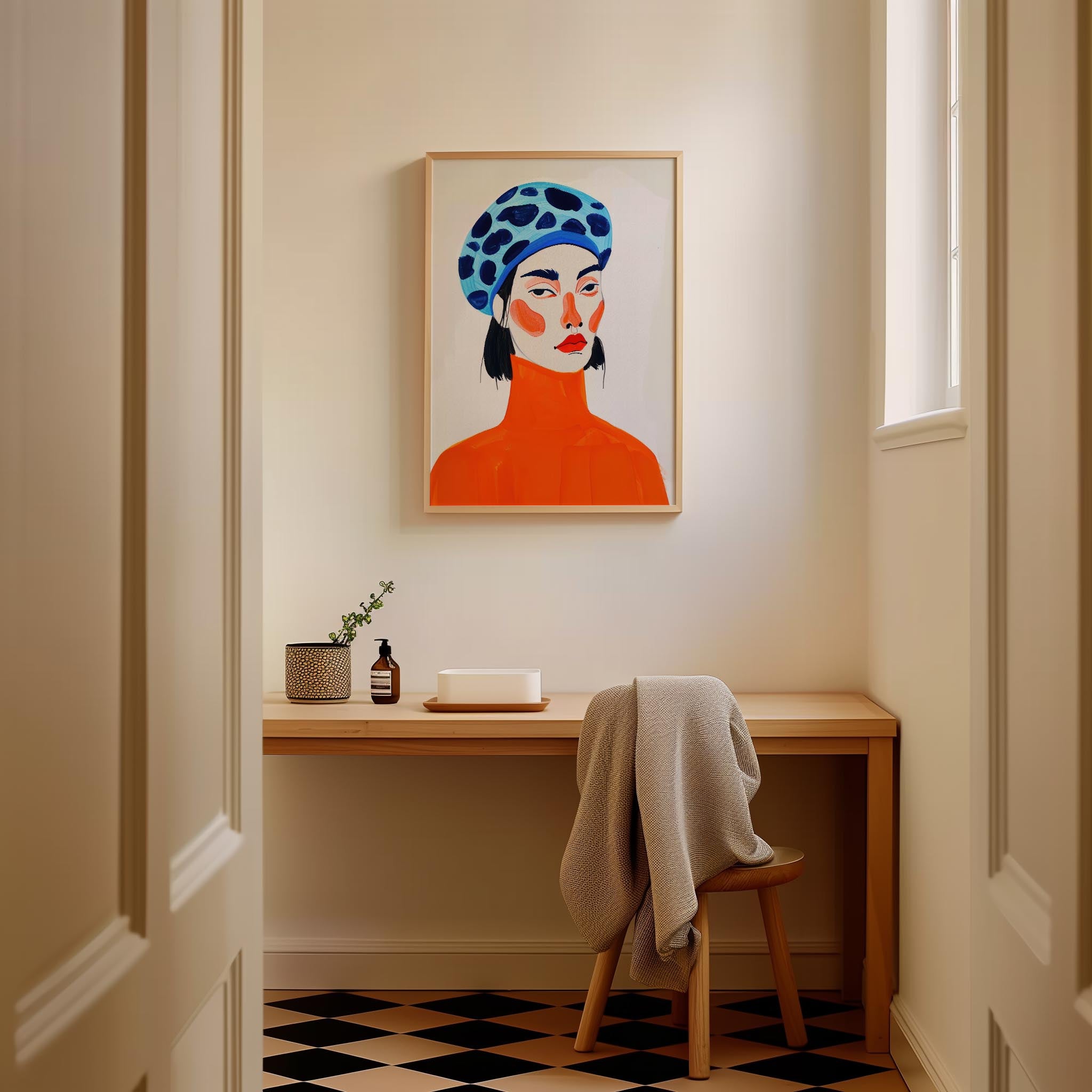 Woman with Blue Beret Portrait Wall Art Print-Skudaboo