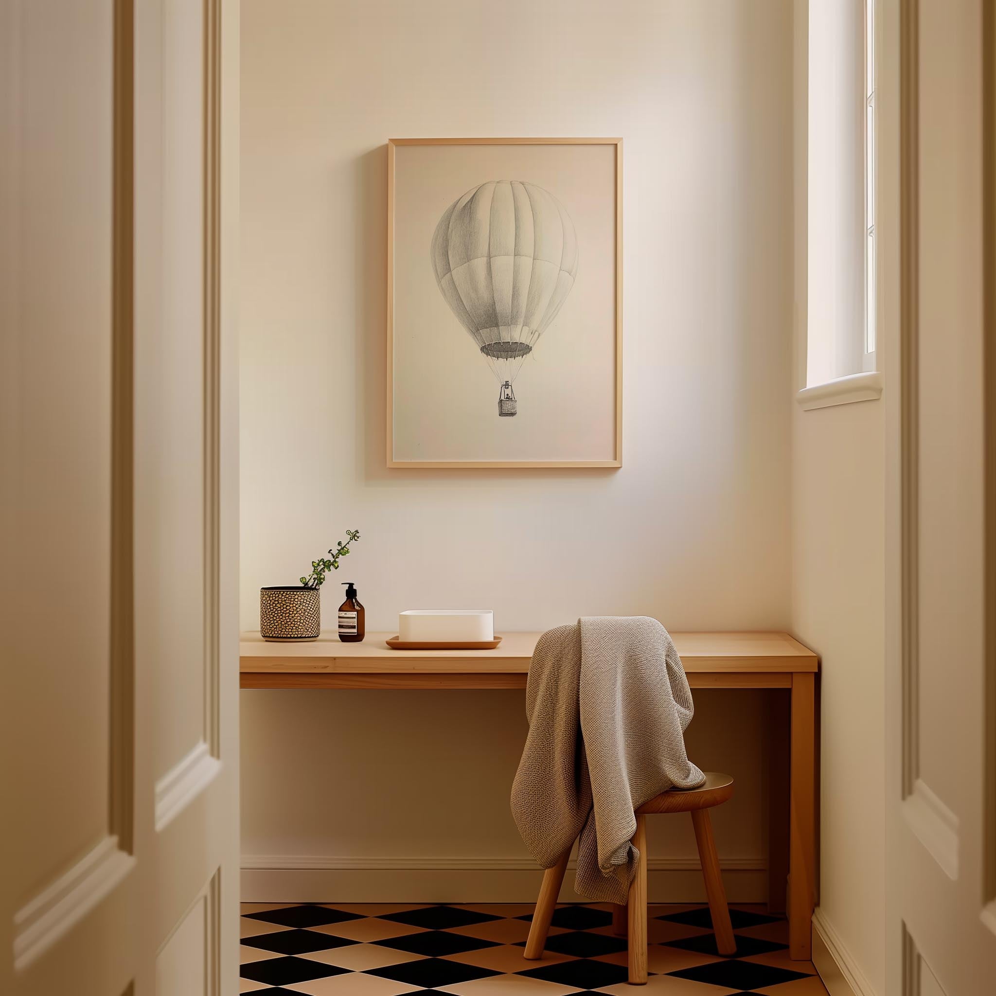 Vintage Style Hot Air Balloon Drawing Wall Art Print-Skudaboo