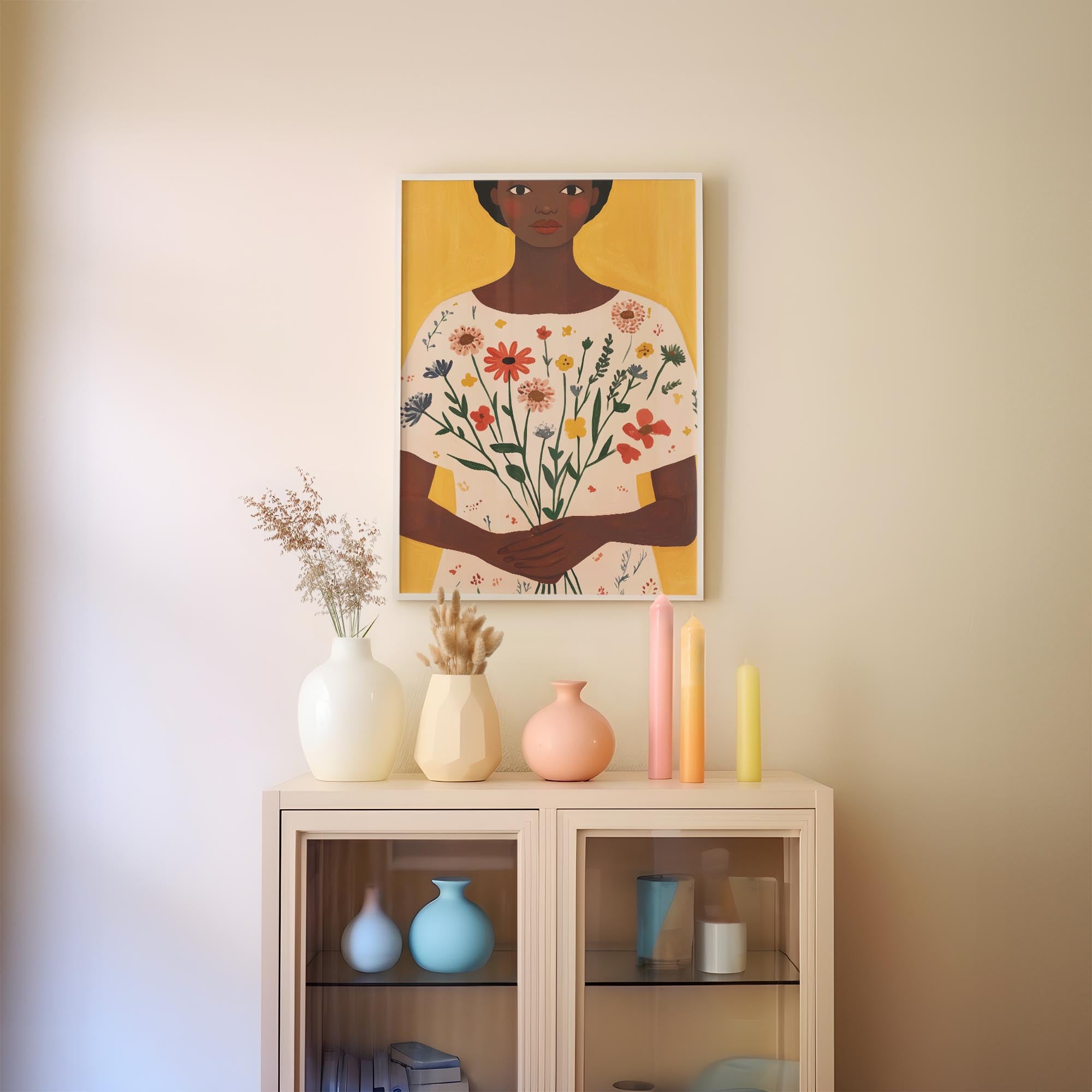 Woman Holding Flowers Portrait Wall Art Print-Skudaboo