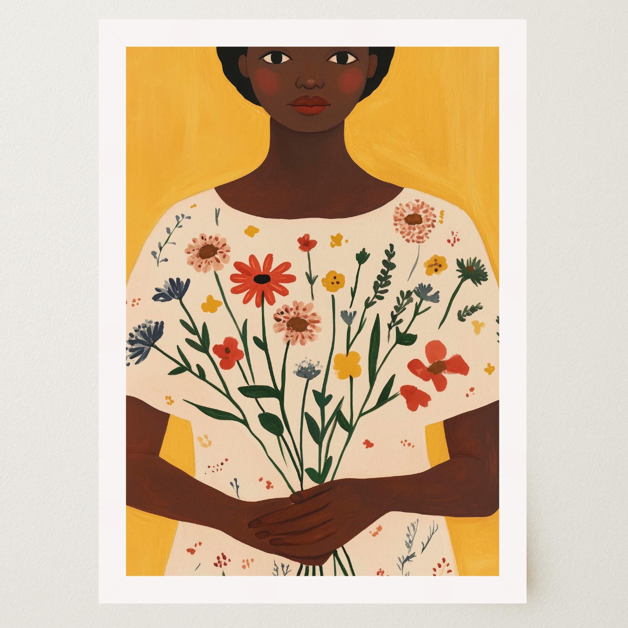 Woman Holding Flowers Portrait Wall Art Print-Skudaboo