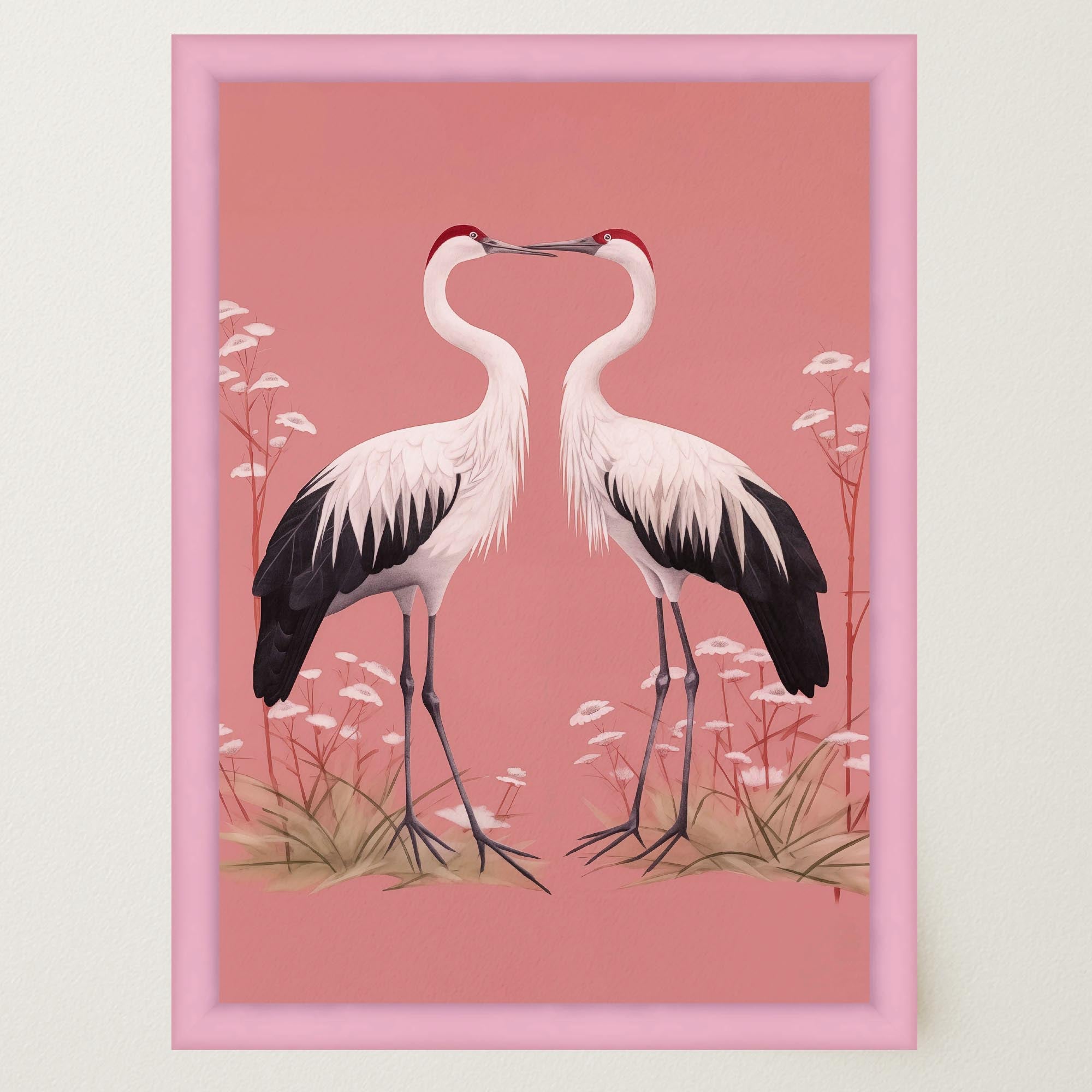 Romantic Crane Birds Heart Illustration Wall Art Print-Skudaboo