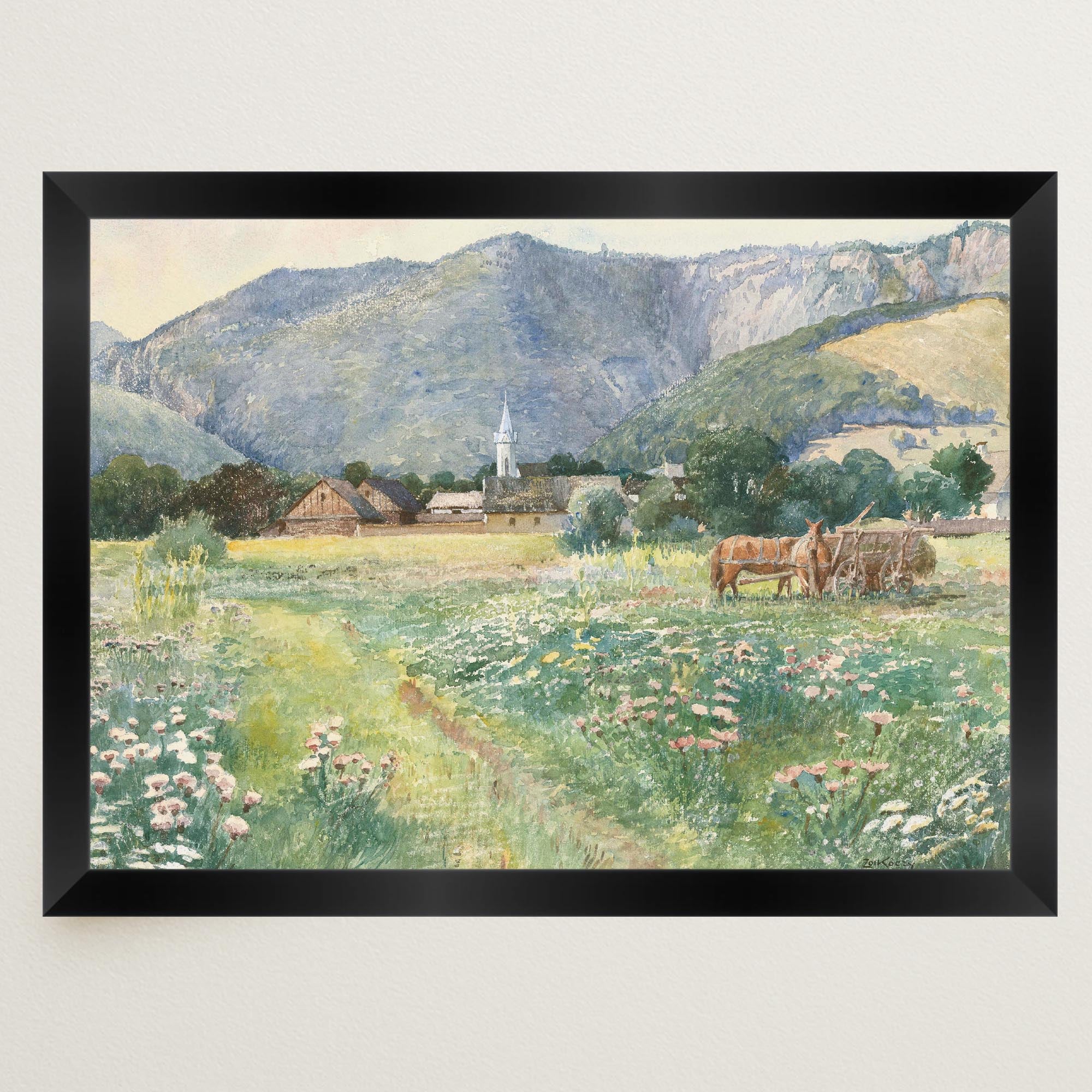 Vintage Countryside Meadow Watercolour Wall Art Print-Skudaboo