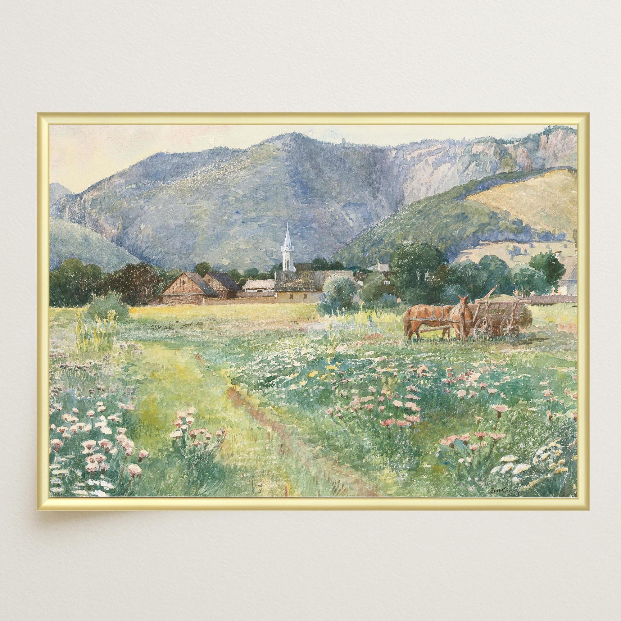 Vintage Countryside Meadow Watercolour Wall Art Print-Skudaboo