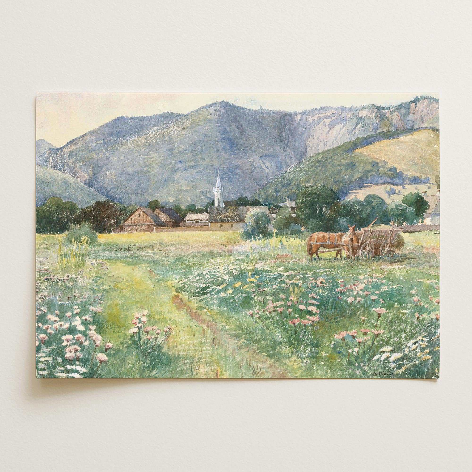 Vintage Countryside Meadow Watercolour Wall Art Print-Skudaboo
