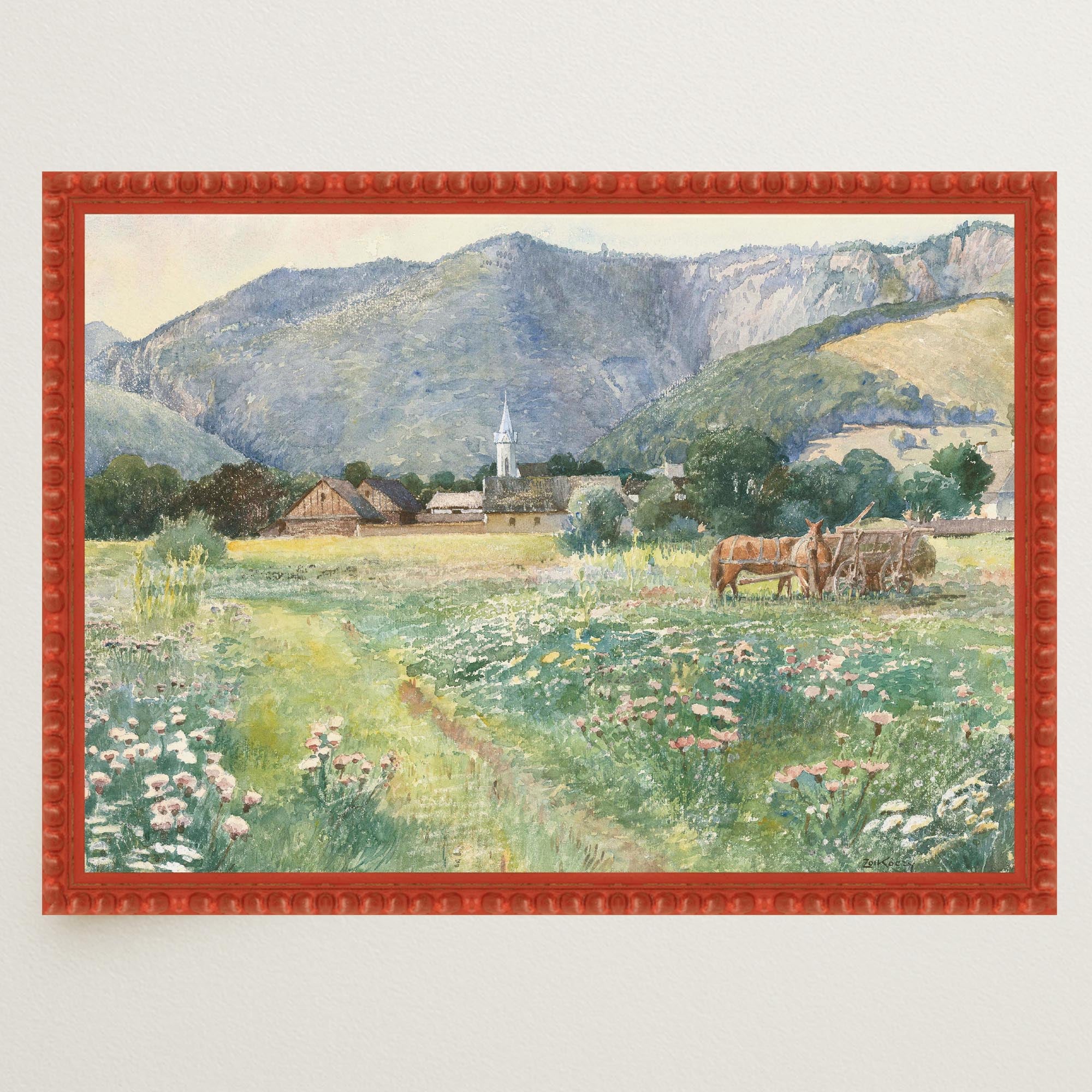 Vintage Countryside Meadow Watercolour Wall Art Print-Skudaboo