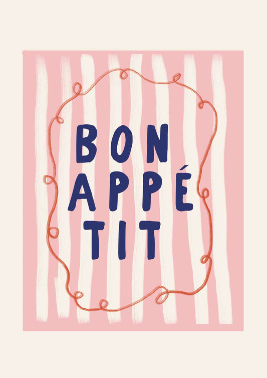 a pink and white striped background with the words bon appe tit
