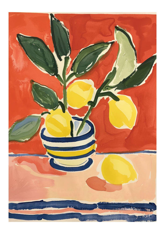 a painting of lemons in a striped vase