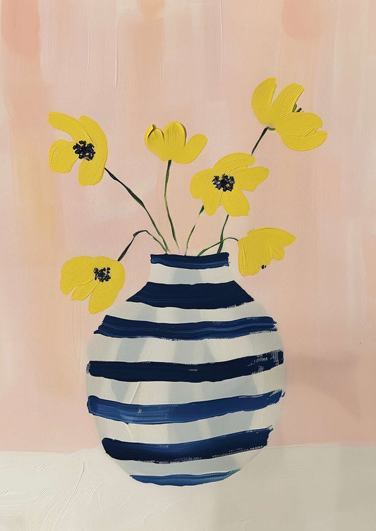a painting of yellow flowers in a blue and white striped vase