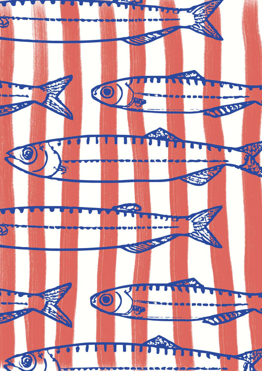 a drawing of fish on a red and white background