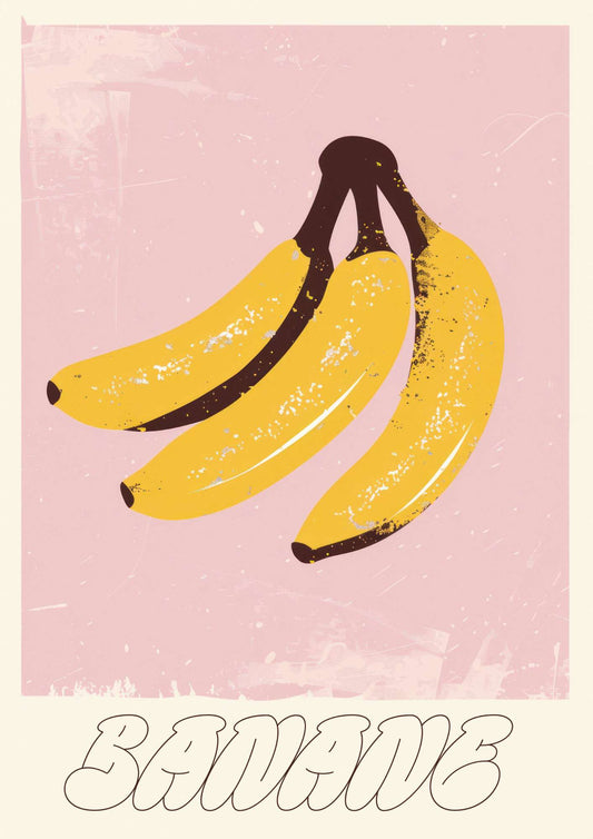 three bananas on a pink background with the words banana on it