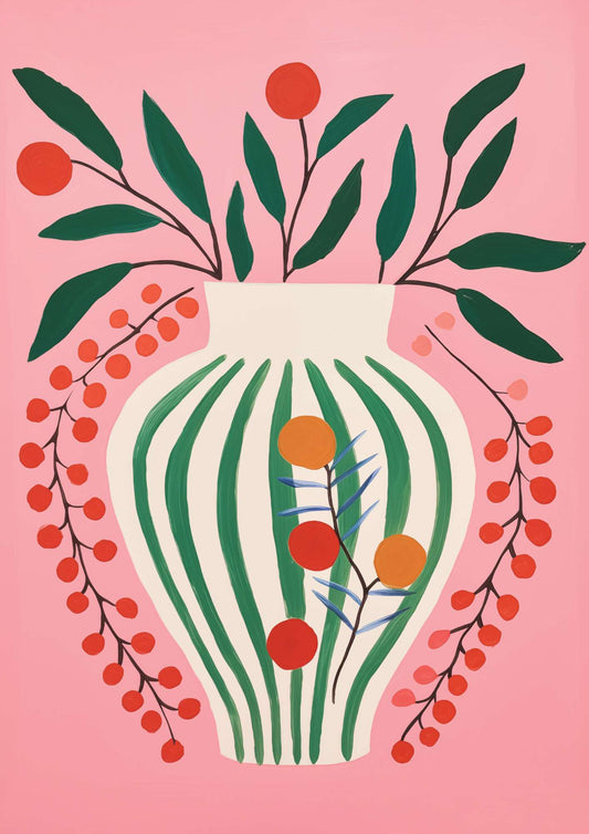 a painting of a vase with berries and leaves on a pink background