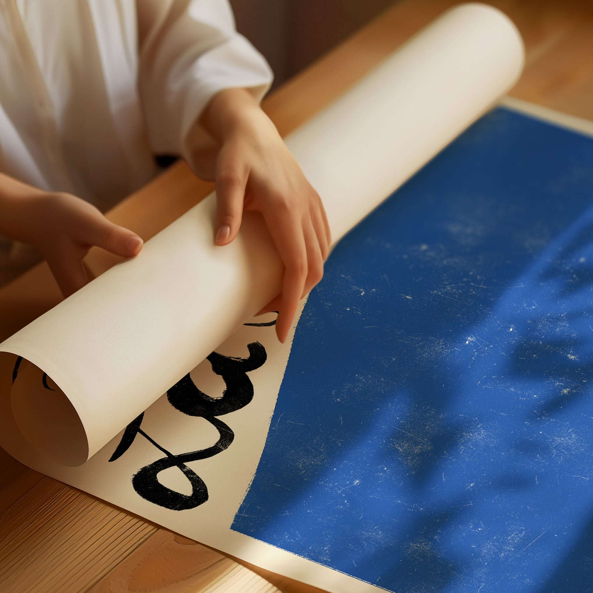 a person is holding a roll of paper on a table
