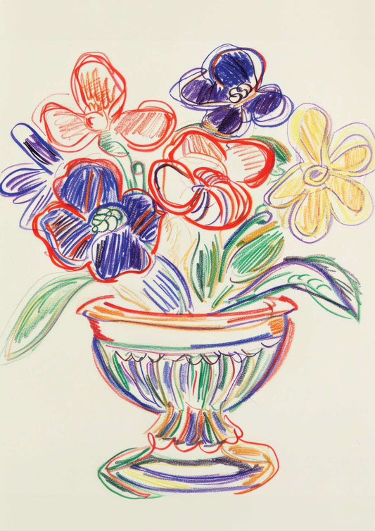 a drawing of a vase with flowers in it