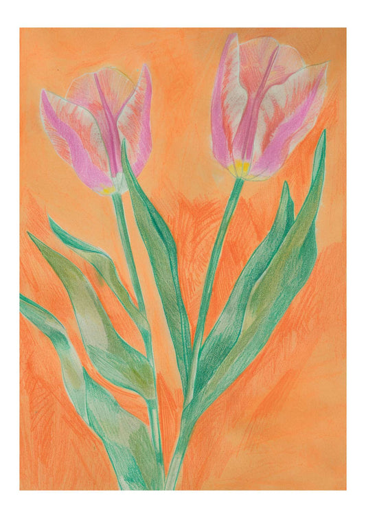 a drawing of two pink flowers on an orange background