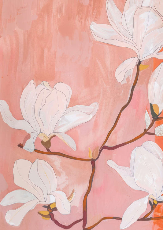 a painting of white flowers on a pink background