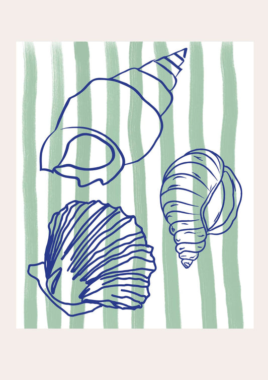 a drawing of seashells on a striped background