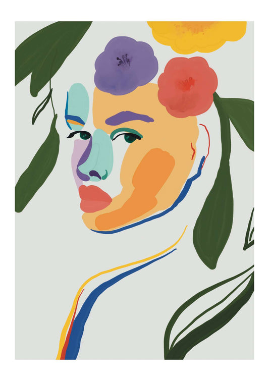 Abstract Face and Florals Art Print