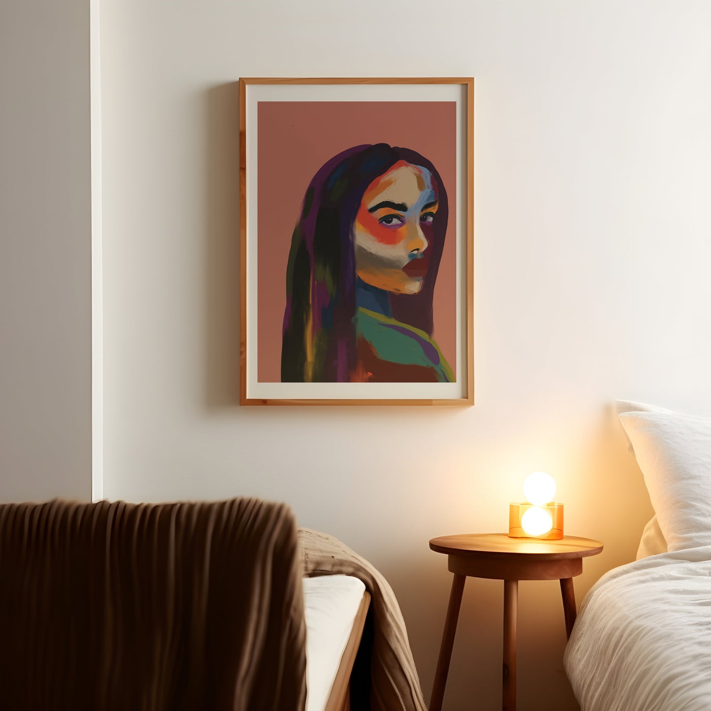 a picture of a woman with long hair on a wall above a bed
