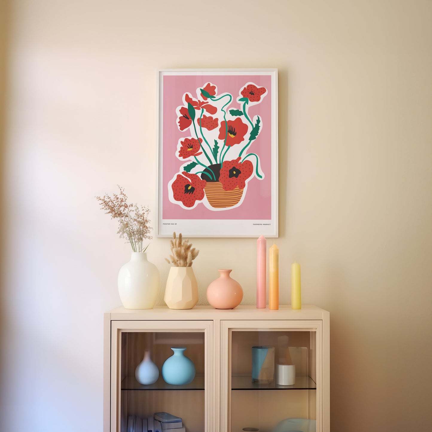 a shelf with vases and a painting on it
