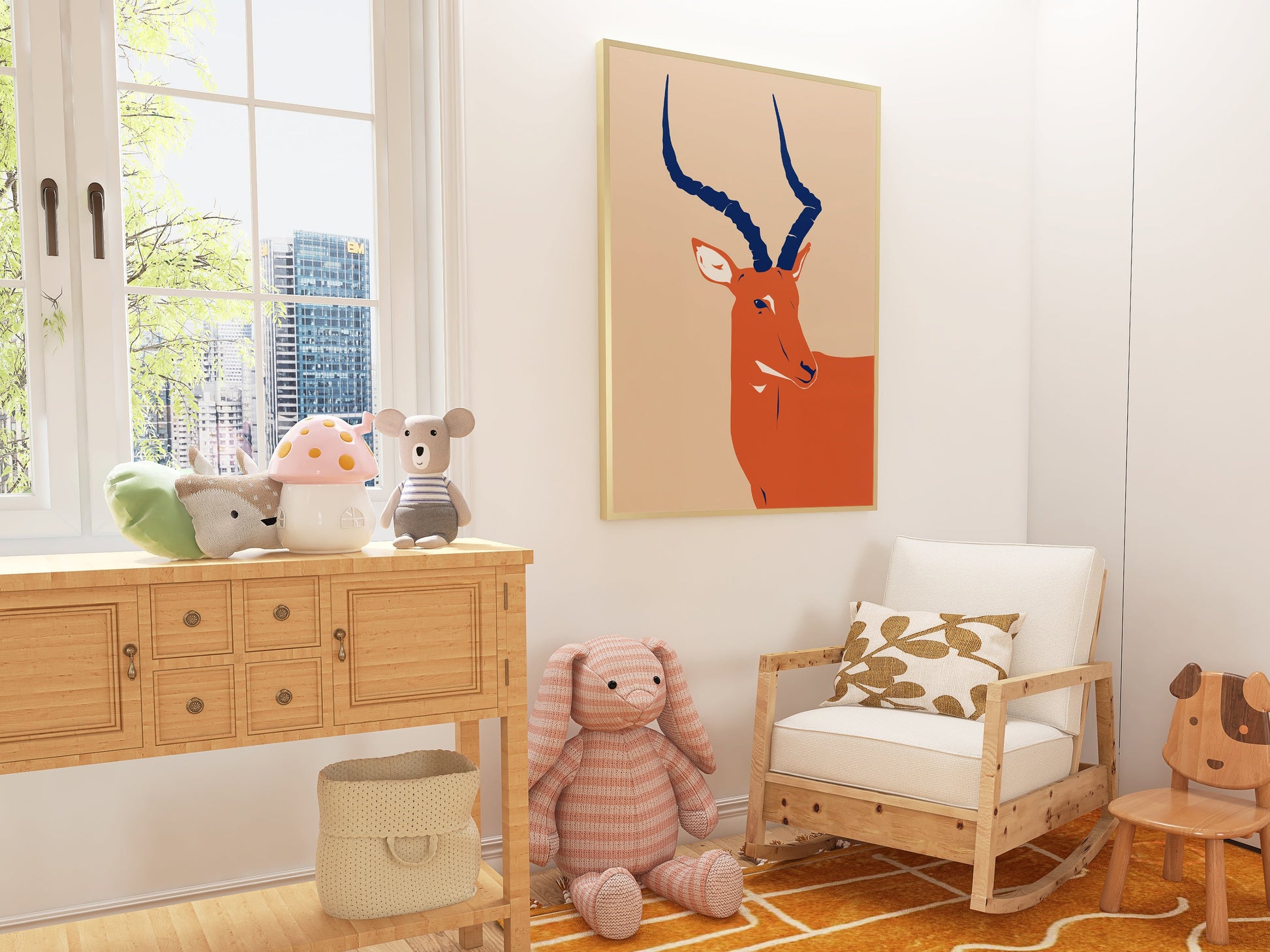 a child's room with a rocking chair and a painting of a deer