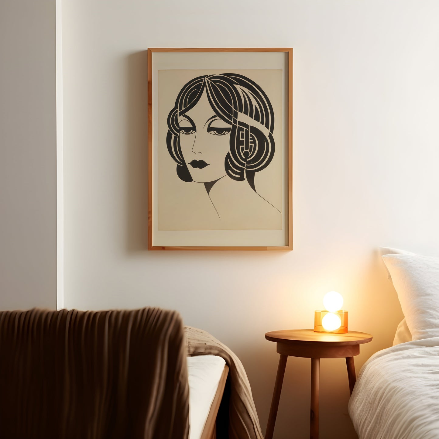 a picture of a woman's face on a wall above a bed