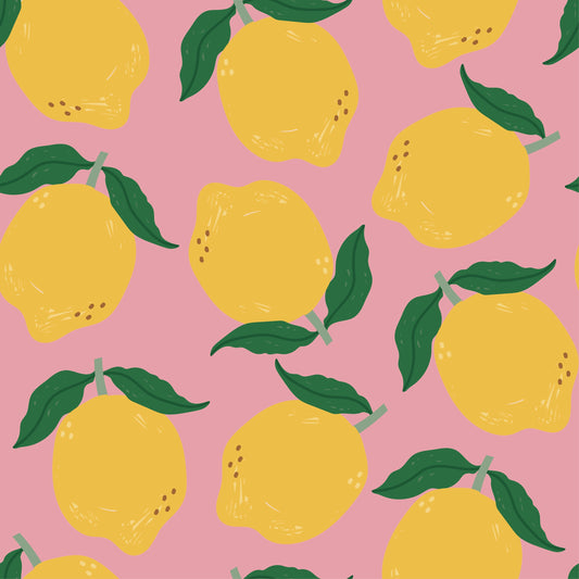 a pattern of lemons with green leaves on a pink background