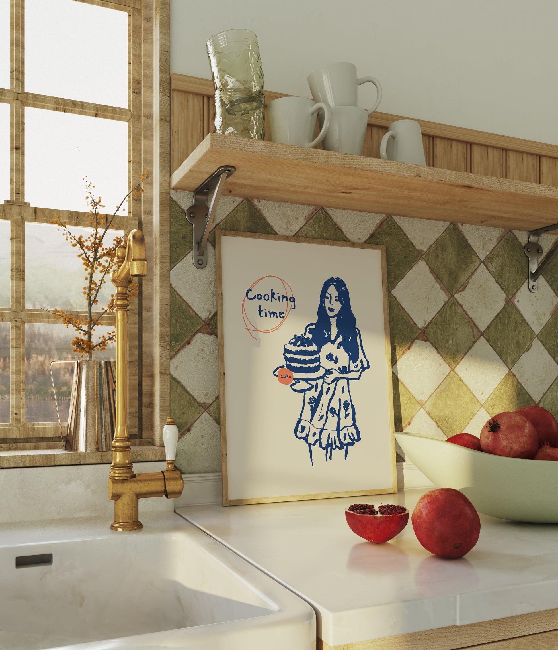 a picture of a woman holding a plate of apples on a kitchen counter