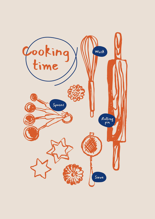 a drawing of a kitchen utensil with words cooking time