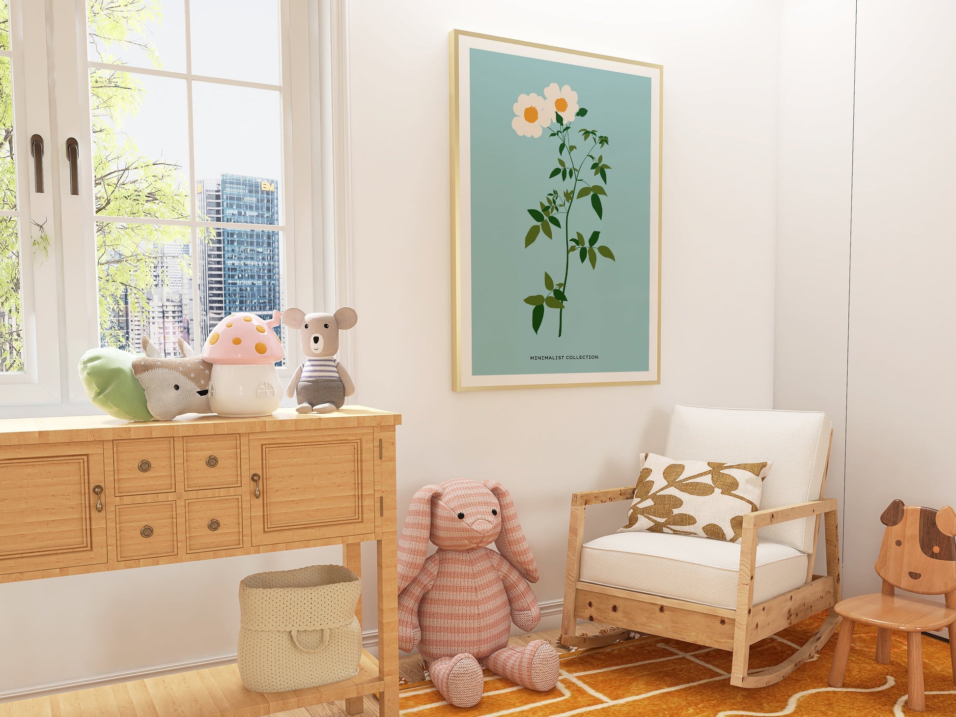 a child's room with a rocking chair and a table