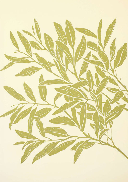 a drawing of a branch with green leaves